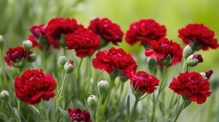 Vibrant red carnations blooming in a lush garden setting with selective focus highlighting their rich colors and intricate textures.