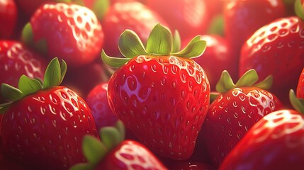 Red strawberries with shiny surfaces surrounded by a rich backdrop showcasing their vibrant freshness and natural beauty in close-up.