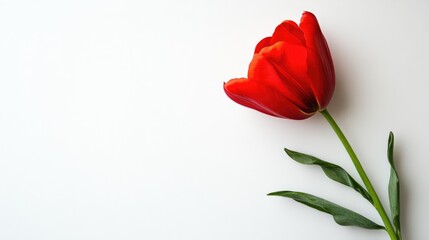 Obraz premium Red tulip flower with green leaves isolated on a white background for fresh floral design and nature concept usage.