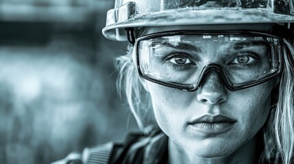 Female construction worker in hard hat and safety glasses focused at a job site showcasing strength and determination in a demanding role.
