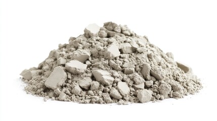 Dry cement powder texture for ceramic tile adhesive on white background side view