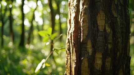 Obraz premium Agarwood tree trunk with textured bark illuminated by sunlight in a lush green forest setting