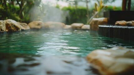 Tranquil hot spring landscape with steam rising over green water surrounded by rocks and lush vegetation in a serene natural setting