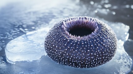 Fototapeta premium Colorful sea urchin resting on a block of ice showcasing marine life and natural beauty in a close-up view