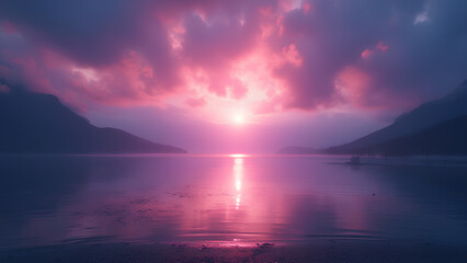 Naklejka premium A tranquil lakeshore captured during a Solar Flare Phenomenon where intense bursts of light create dramatic lens flares across the scene Utilize vivid rose pink and sapphire blue