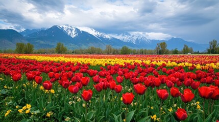 Vibrant Tulip Fields Under Dramatic Skies with Snow-Capped Mountains in Springtime Landscape