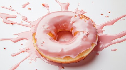 Bitten pink glazed donut with icing splatter on a white background showcasing a delicious dessert treat.