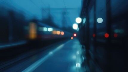 Fototapeta premium Blurred abstract background of a gloomy railway platform with soft lights and train movement during twilight or rainy weather