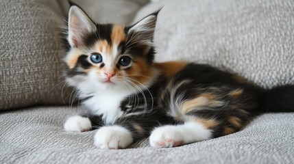 Tricolor kitten with striking blue eyes resting on a soft couch in a cozy home setting