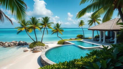 Fototapeta premium A luxurious beachfront villa overlooking crystal-clear waters and pristine sandy beaches, surrounded by lush tropical foliage, exotic, luxury living