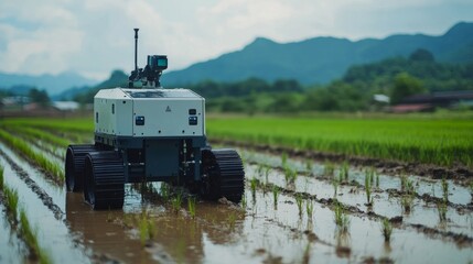 Fototapeta premium Tractor working in a flooded rice field on a sunny day