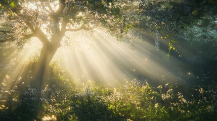 Fototapeta premium Sunlight filtering through trees and mist creates a serene morning atmosphere in a tranquil forest setting