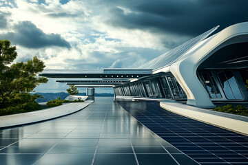 Naklejka premium Futuristic Solar Energy Station With High Tech Features, Sustainable Electricity Resource, Solar Cell Powered Clean Energy Photography