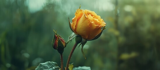 Vibrant yellow and orange rose bud blooming in a lush green garden setting surrounded by soft natural light