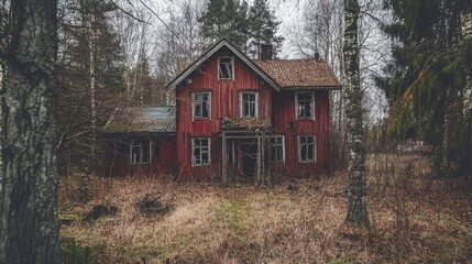 Abandoned red house in a dense forest surrounded by overgrown vegetation and tall trees under a cloudy sky