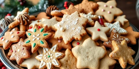Heap of various homemade traditional Christmas cookies, including gingerbread and sugar cookies, arranged in a festive assortment on a platter, assortment, treats, Christmas