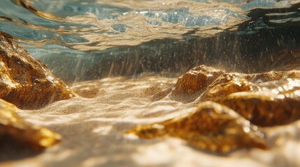 Tranquil underwater scene showcasing sandy sea floor and rocky formations illuminated by sunlight filtering through the water surface