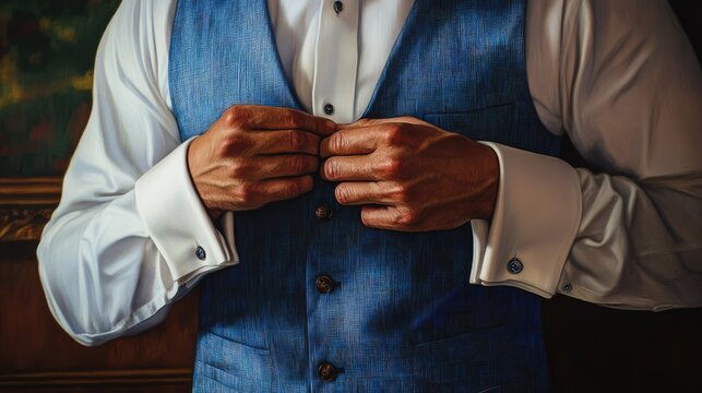 Stylish businessman adjusting cuffs in a blue vest and white shirt preparing for a formal event or business meeting