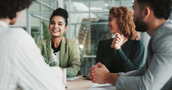 Meeting, planning and review with business people in boardroom of office together for collaboration. Feedback, project management and smile with employee team in workplace for development or strategy