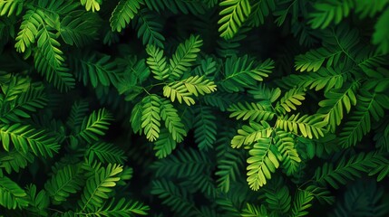 Fototapeta premium Foliage of Mimosa pudica displaying unique touch sensitivity and movement in a lush green environment botanical background