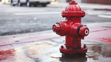 Fototapeta premium Urban fire hydrant on city street serving as critical water supply access for firefighting efforts amidst urban infrastructure.