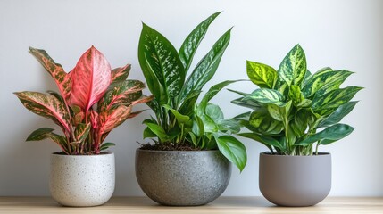 Obraz premium Vibrant Aglaonema varieties in stylish pots showcasing lush green foliage and colorful leaves perfect for indoor decoration and gardening inspiration