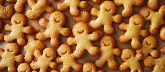 Background of festive gingerbread cookies in playful little man shapes arranged densely on a surface