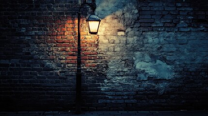 Vintage brick wall with street lamp illuminating weathered texture in a moody nighttime setting
