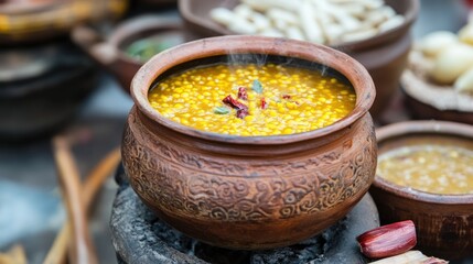 Fototapeta premium Traditional Clay Pot with Steaming Yellow Lentil Soup Close-Up