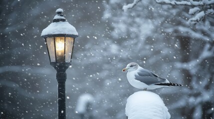 Seagull perched on a snow-covered lamp post during a serene winter snowfall scene