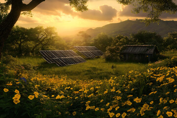 Solar Panels In A Lush Green Meadow During Sunrise, Sustainable Electricity Resource, Solar Cell Powered Clean Energy Photography