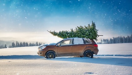Car Carrying A Christmas Tree In Snowy Landscape - Car On The Snow
