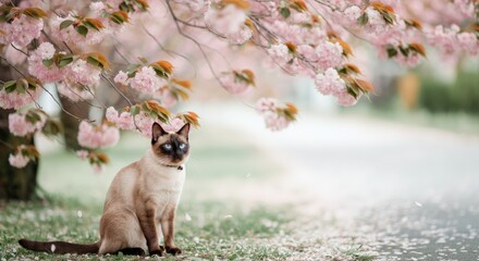 Siamese cat under blossoming cherry tree in spring park