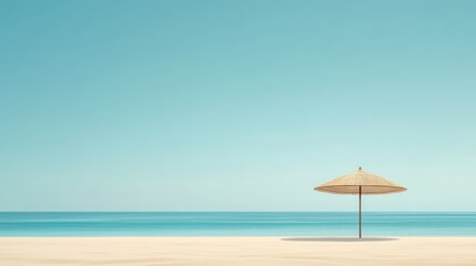 Fototapeta premium Tranquil beach scene featuring a solitary straw parasol on sand with calm turquoise waters and clear sky creating a serene atmosphere