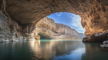 Natural rock arch over serene water with reflections in a stunning cave landscape under a clear blue sky showcasing geological beauty