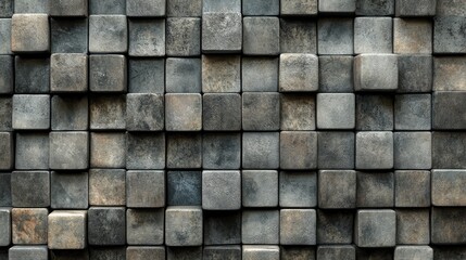 Fototapeta premium Textured wall background composed of square blocks in varying shades for use in design and creative projects.