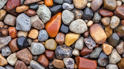 Colorful assortment of smooth gravel stones arranged in a natural background for decorative or landscaping purposes.