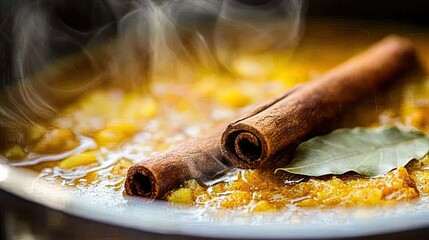 Aromatic Cinnamon Sticks Over Delicious Spiced Soup in Bowl