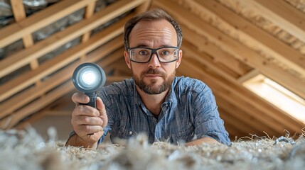 Inspecting attic insulation with flashlight home photo indoor eye-level home maintenance tips