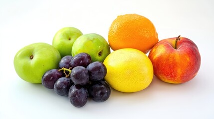 Fresh assorted fruits including apples, grapes, oranges, and lemons displayed on a clean white background for a vibrant and healthy concept.
