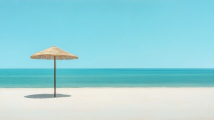 Fototapeta premium Tranquil beach landscape featuring a straw parasol on white sand with calm turquoise waters and clear blue sky creating a serene atmosphere
