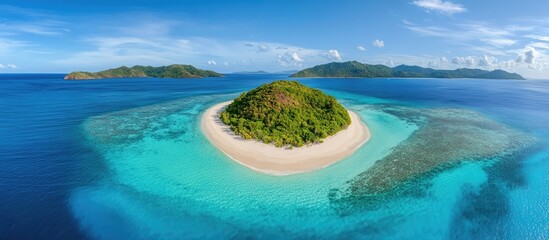 Obraz premium Aerial view of a secluded small islet surrounded by vibrant turquoise waters and coral reefs in a tropical paradise setting