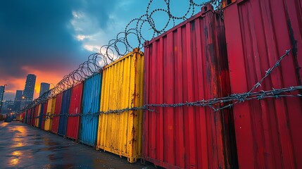 Barbed wire surrounding shipping containers, trade restriction, economic sanctions on global commerce