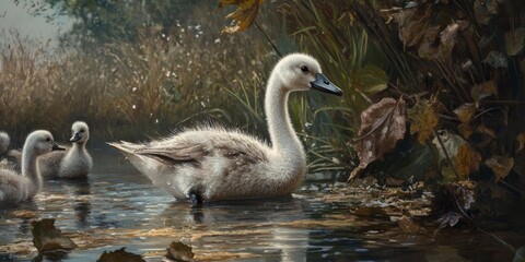 Obraz premium Cygnet exploring its surroundings, straying from the group, showcasing the curious nature of the cygnet as it ventures off on its own. This moment highlights the cygnet s individuality.