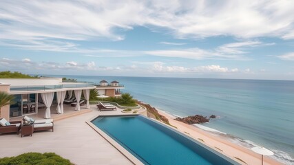 A luxurious beachfront property with panoramic ocean views and exclusive access to a private stretch of sandy shore, oceanfront, coastal