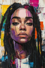 Painting of a woman with long black dreadlocks and a vibrant painted backdrop