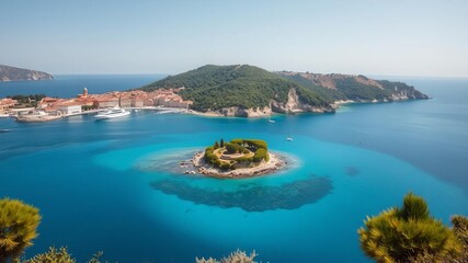 Naklejka premium Sunny day on Isola Bella island showing clear turquoise waters and ancient buildings, small island, ancient buildings