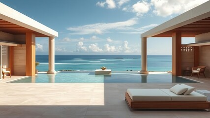 Fototapeta premium A luxurious oceanfront property with stunning ocean views, ideal for an exclusive retreat or vacation spot, exclusive, tropical
