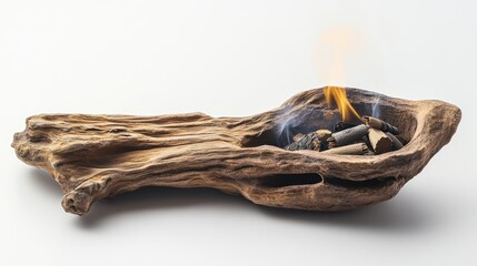 Obraz premium Agarwood Oud and incense stick burning in elegant wooden holder on minimalist white background