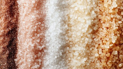 Variety of granulated sugars in close-up showcasing different textures and colors for culinary and baking backgrounds